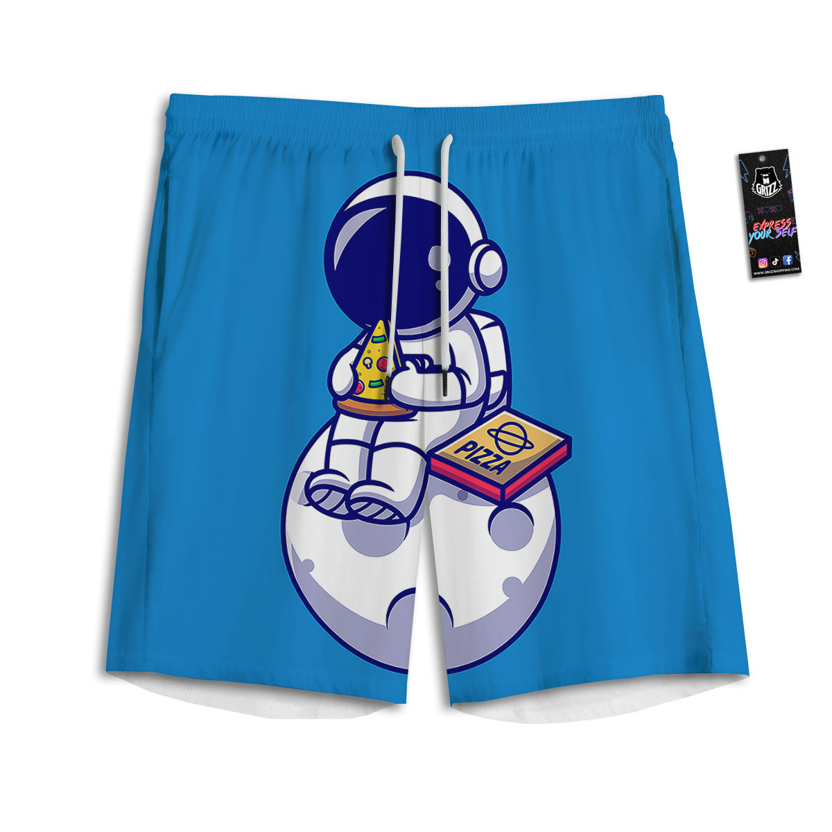 Cute Astronaut Eating Pizza Print Men's Athletic Shorts
