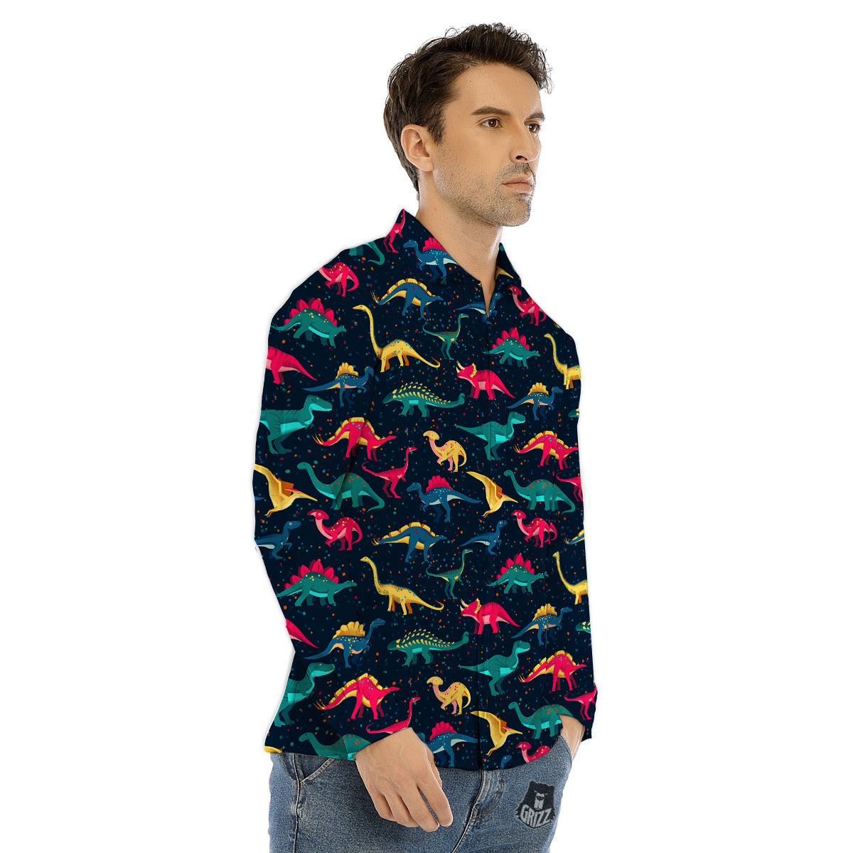 Cute Astronaut Eating Pizza Print Men's Dress Shirts-grizzshop