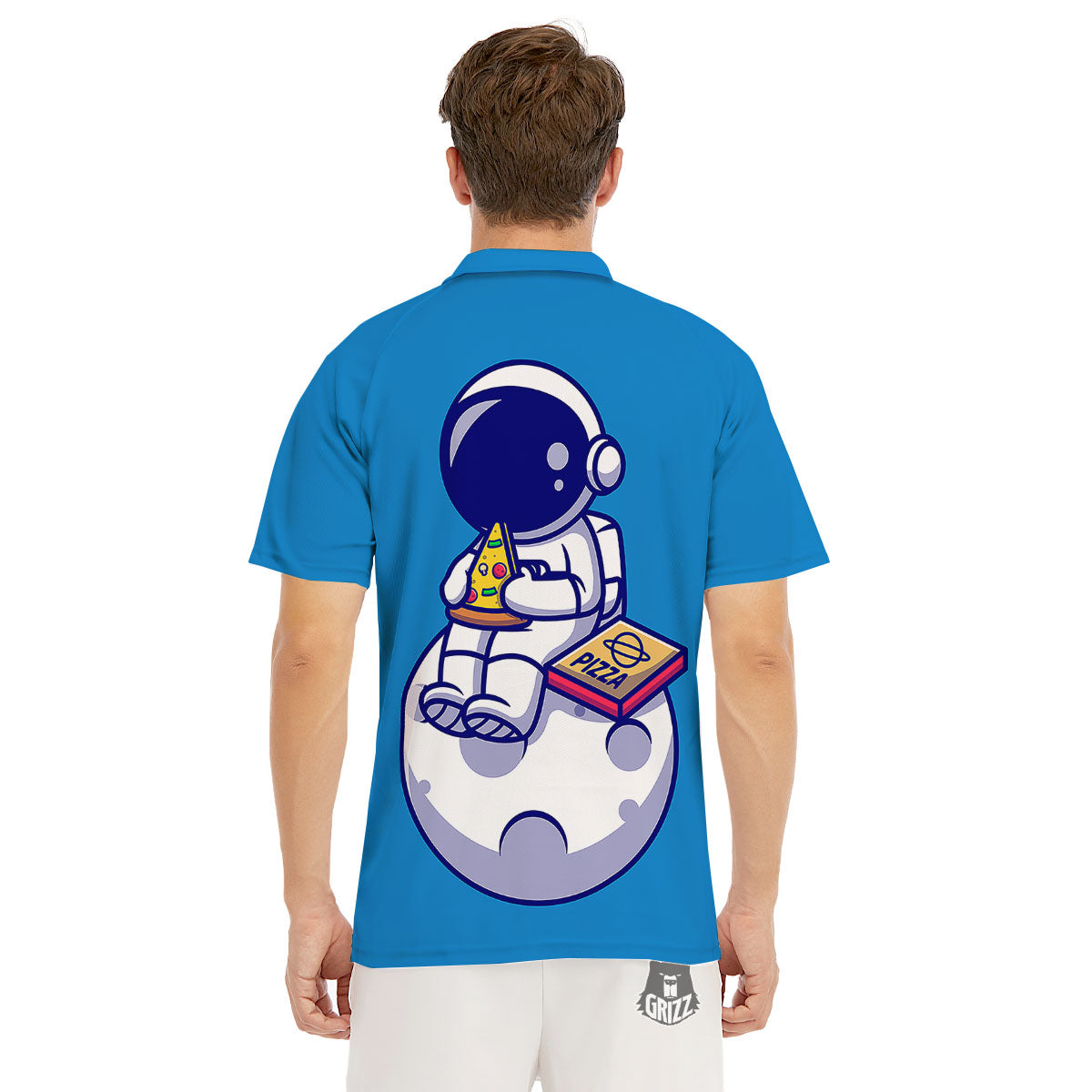 Cute Astronaut Eating Pizza Print Men's Golf Shirts-grizzshop