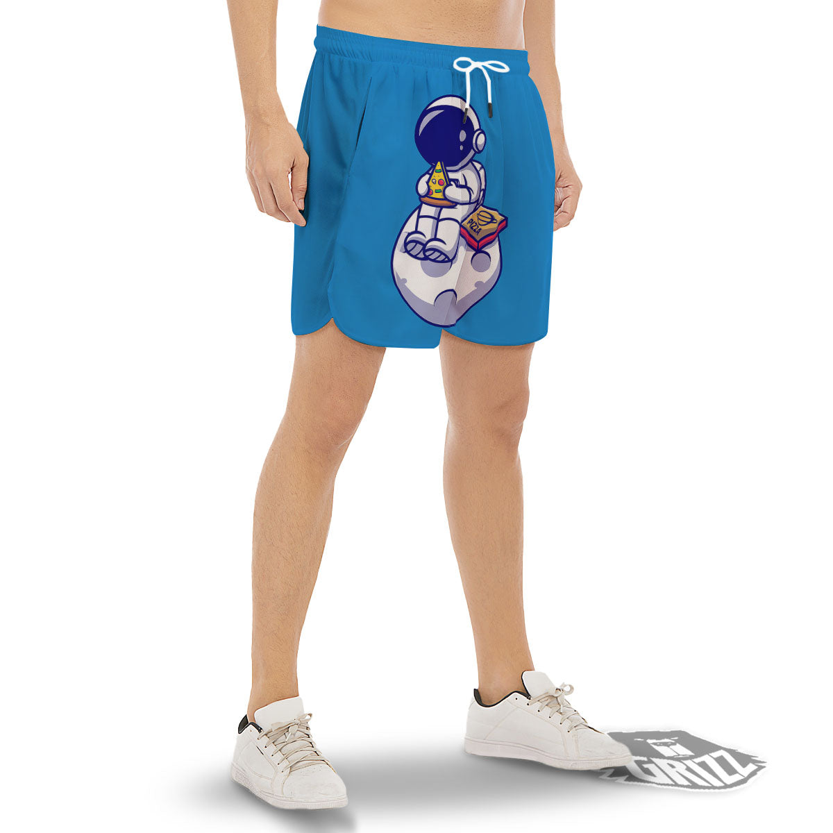 Cute Astronaut Eating Pizza Print Men's Gym Shorts-grizzshop