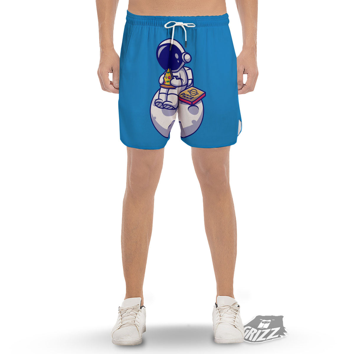 Cute Astronaut Eating Pizza Print Men's Gym Shorts-grizzshop