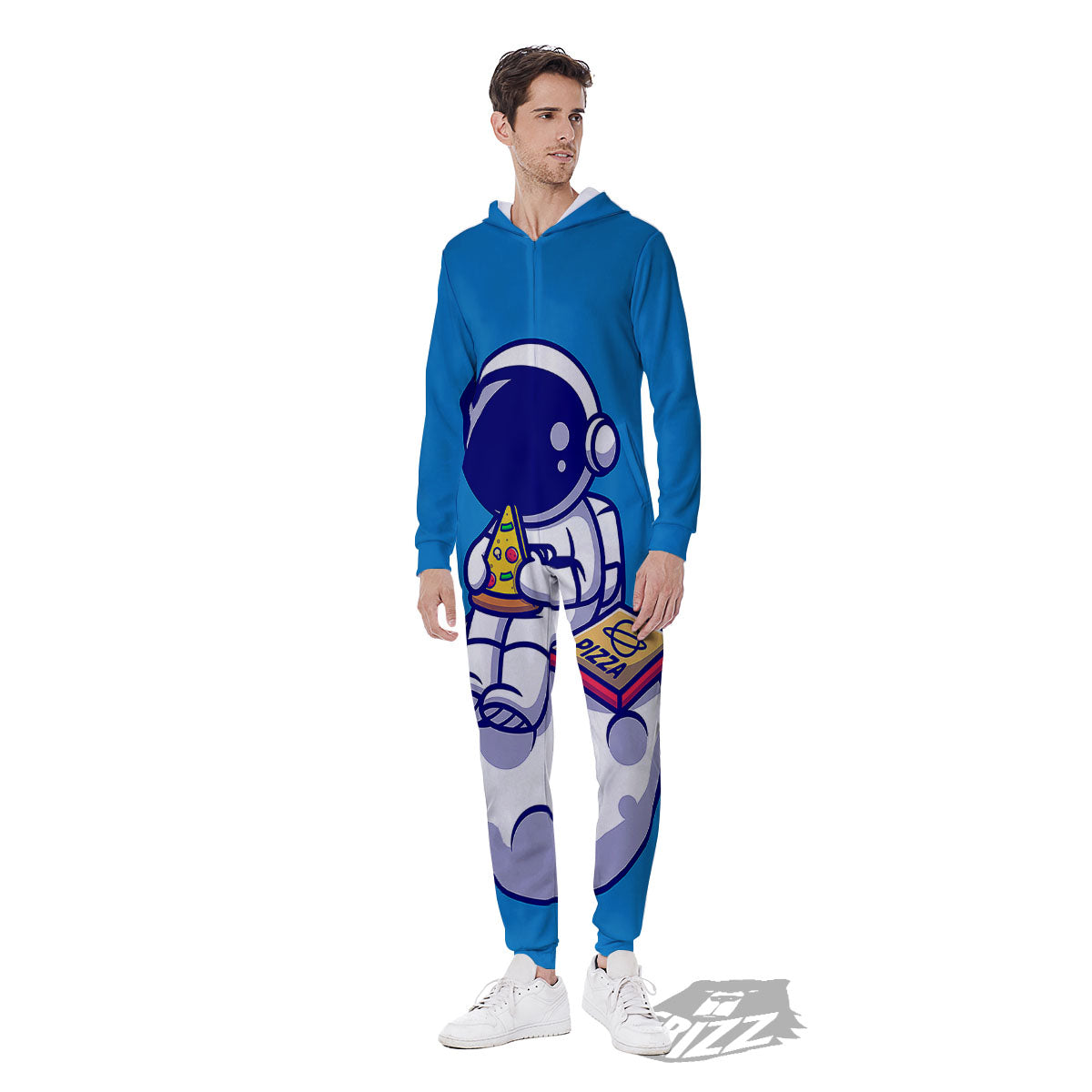 Cute Astronaut Eating Pizza Print Men's Jumpsuit-grizzshop