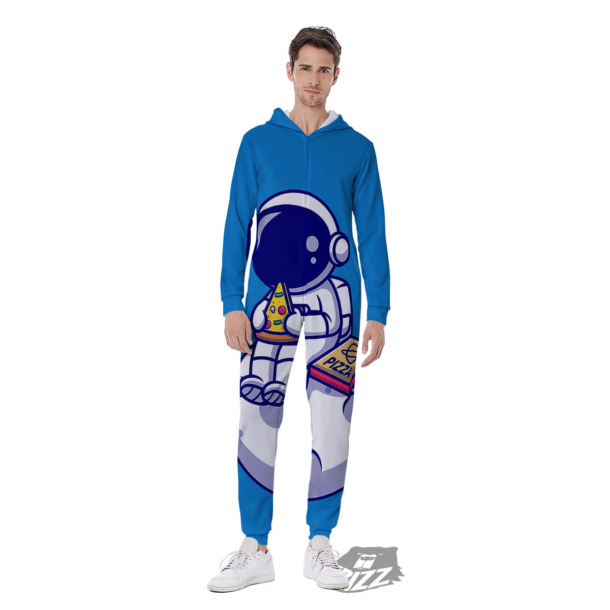 Cute Astronaut Eating Pizza Print Men's Jumpsuit-grizzshop