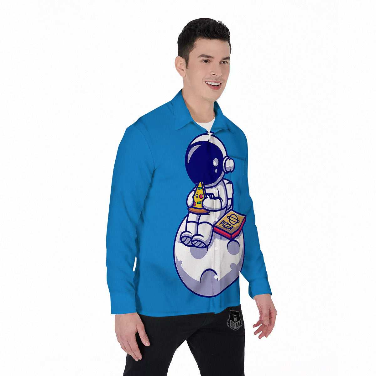 Cute Astronaut Eating Pizza Print Men's Long Sleeve Shirts-grizzshop
