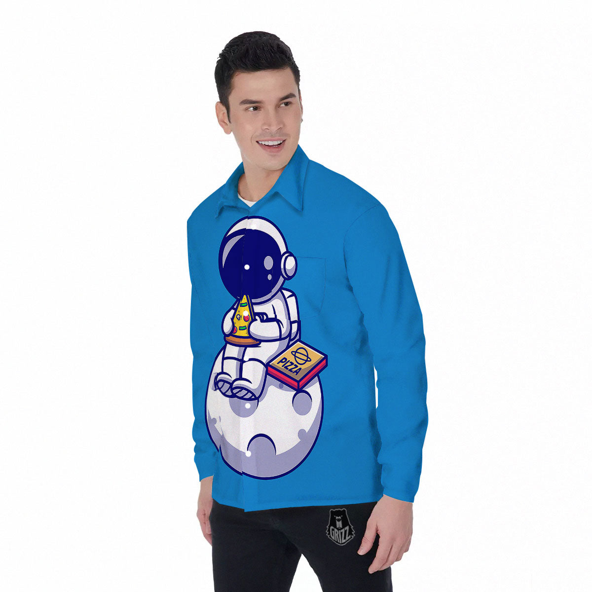 Cute Astronaut Eating Pizza Print Men's Long Sleeve Shirts-grizzshop