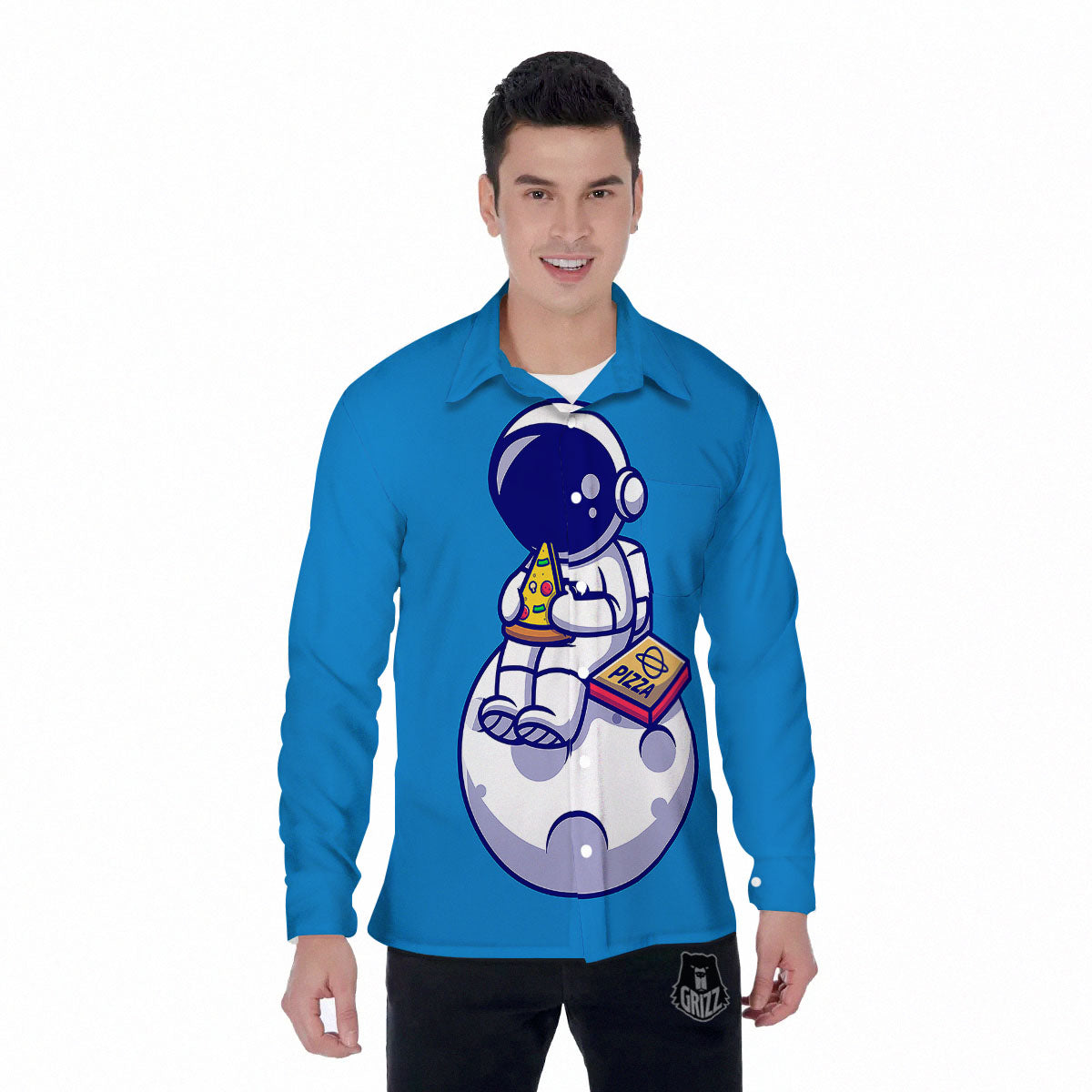 Cute Astronaut Eating Pizza Print Men's Long Sleeve Shirts-grizzshop