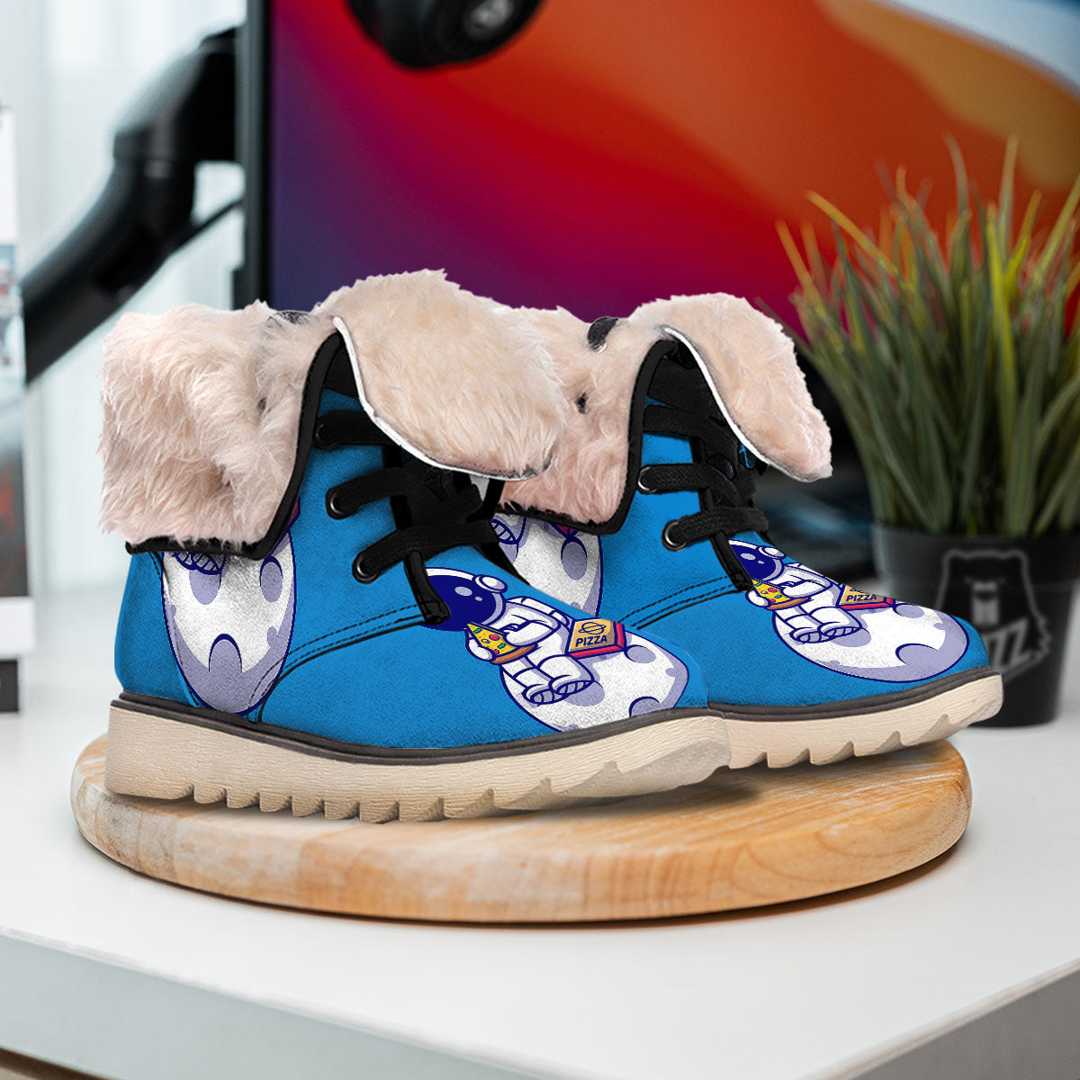 Cute Astronaut Eating Pizza Print Snow Boots-grizzshop