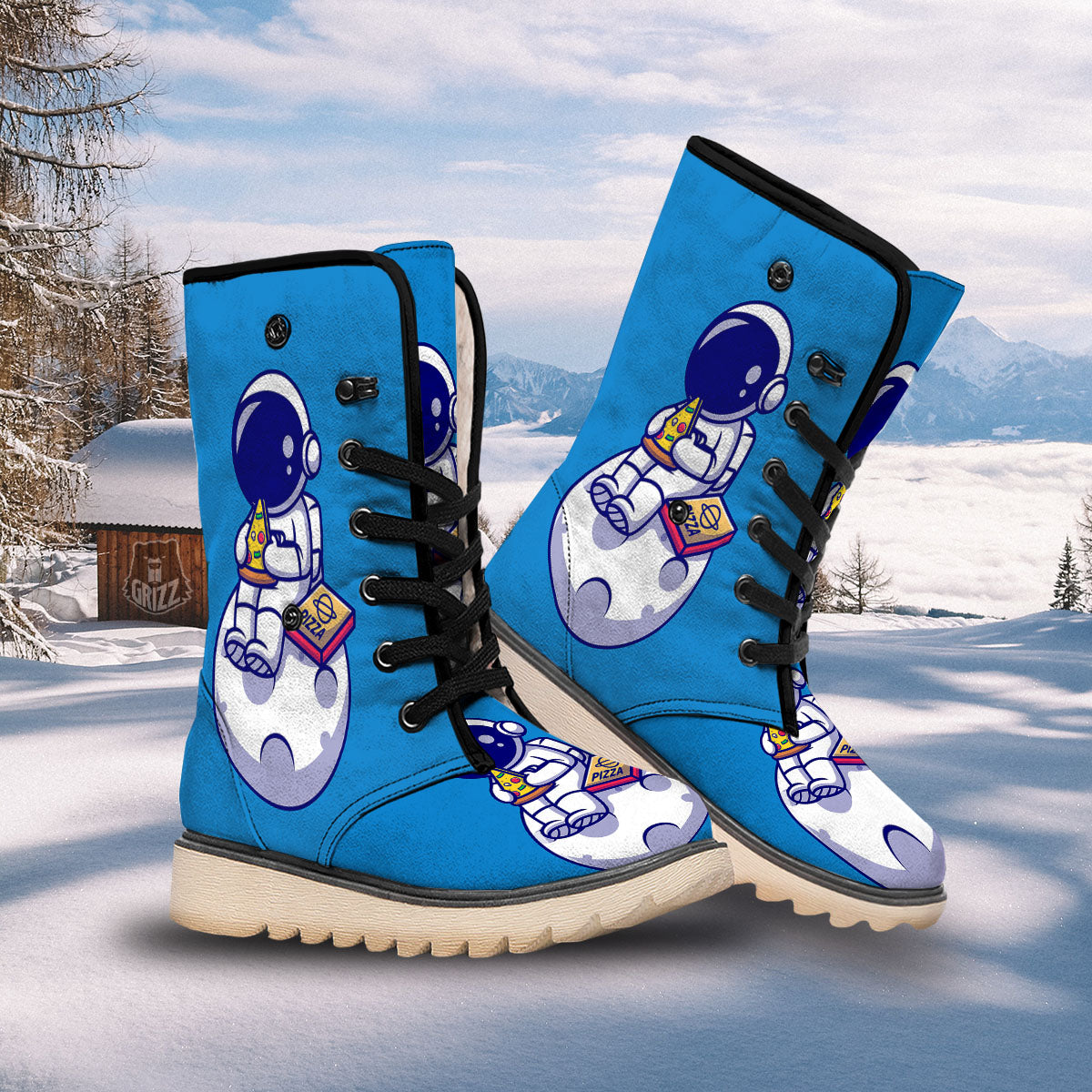 Cute Astronaut Eating Pizza Print Snow Boots-grizzshop