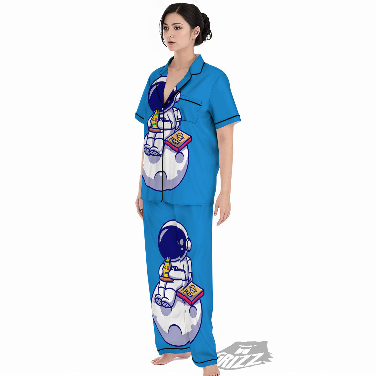 Cute Astronaut Eating Pizza Print Women's Pajamas Set-grizzshop