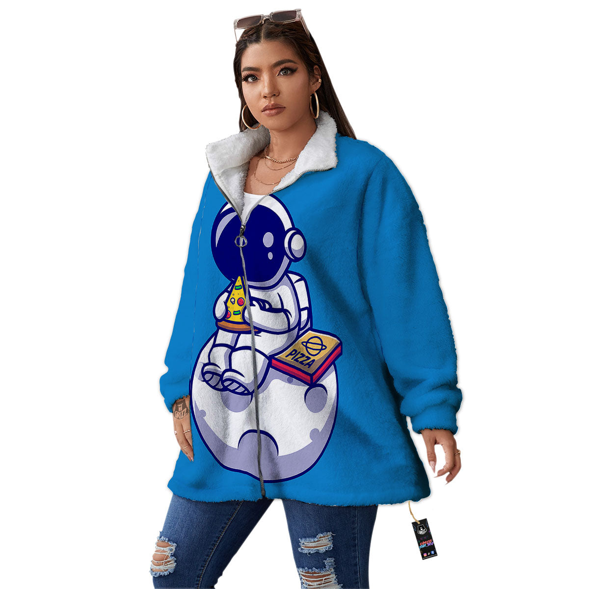 Cute Astronaut Eating Pizza Print Women's Sherpa Jacket-grizzshop