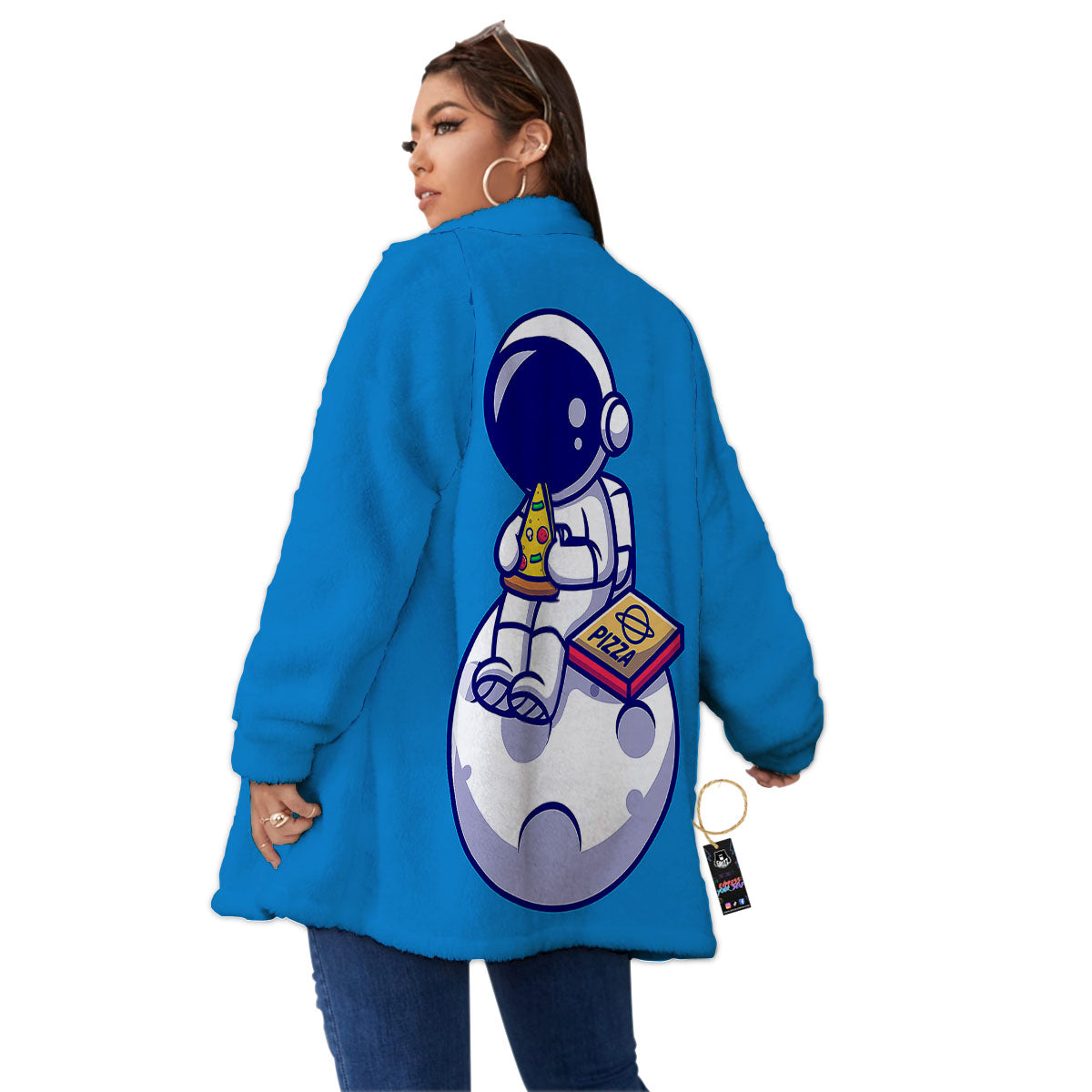 Cute Astronaut Eating Pizza Print Women's Sherpa Jacket-grizzshop
