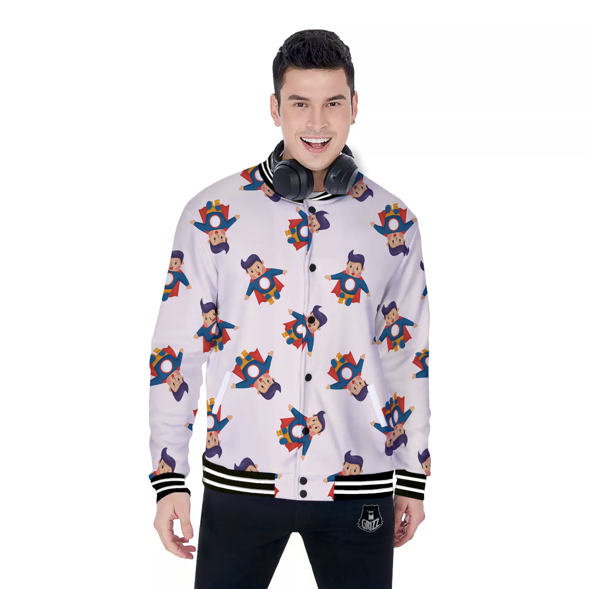 Cute Baby Hero Print Pattern Baseball Jacket-grizzshop