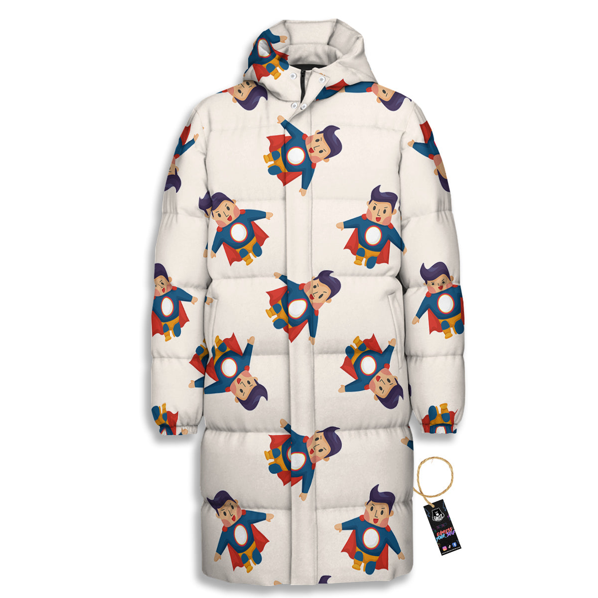 Cute Baby Hero Print Pattern Long Down Jacket-grizzshop