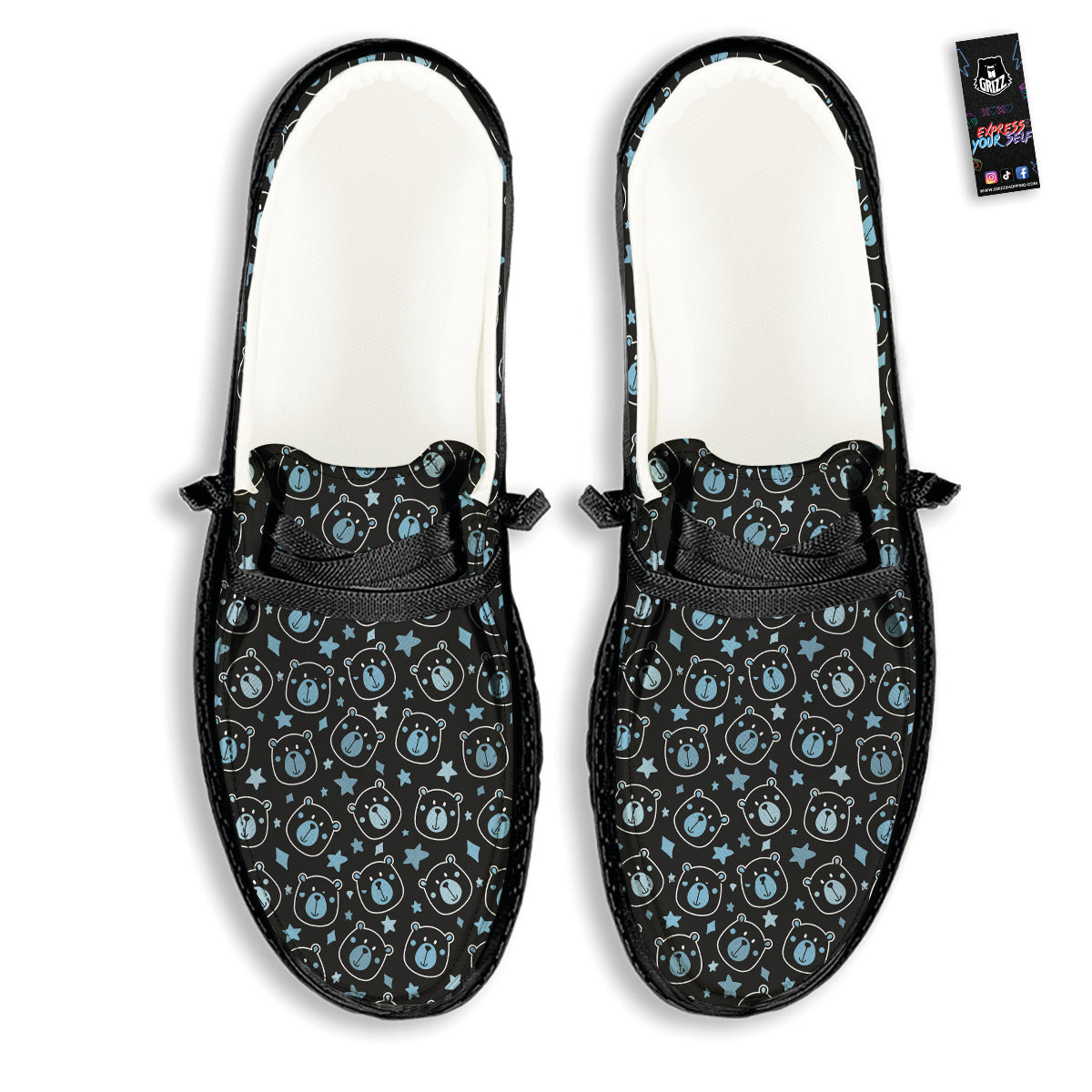 Cute Bear Black Print Pattern Black Loafers-grizzshop
