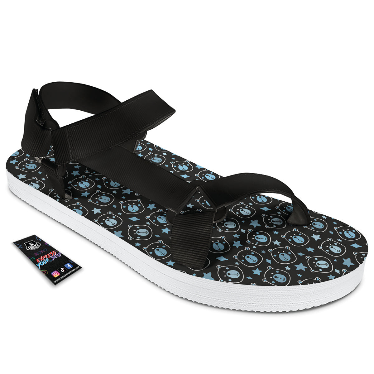 Cute Bear Black Print Pattern Black Open Toe Sandals-grizzshop