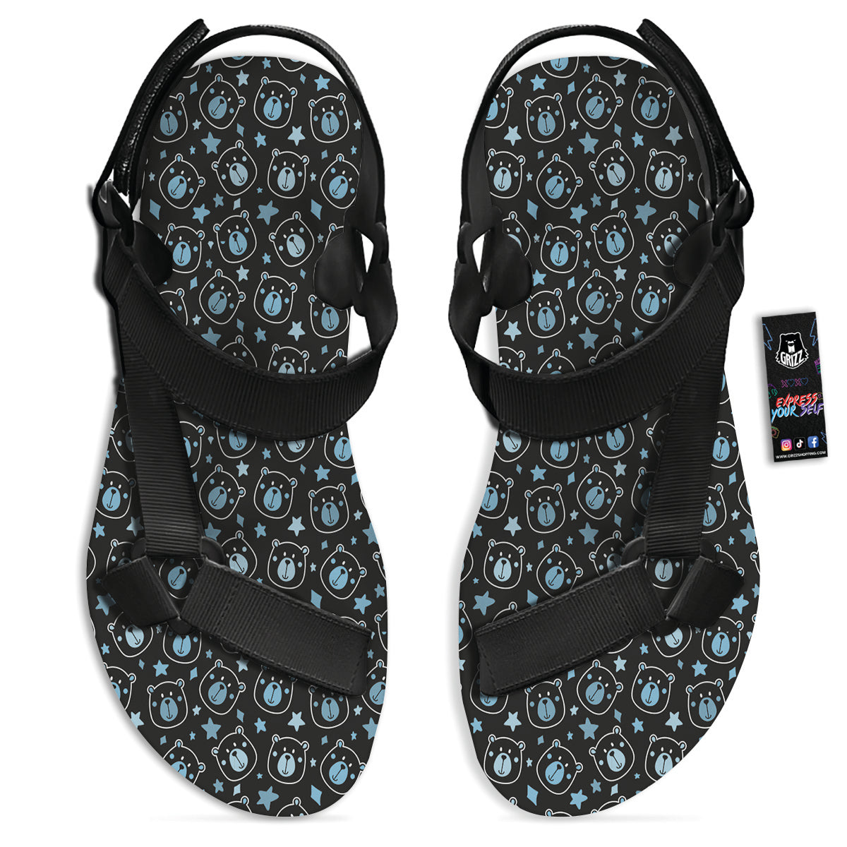 Cute Bear Black Print Pattern Black Open Toe Sandals-grizzshop