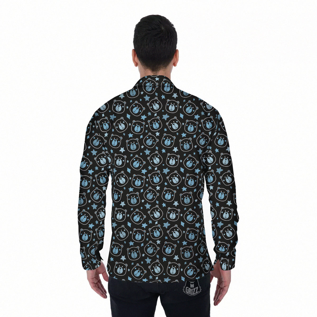 Cute Bear Black Print Pattern Men's Long Sleeve Shirts-grizzshop