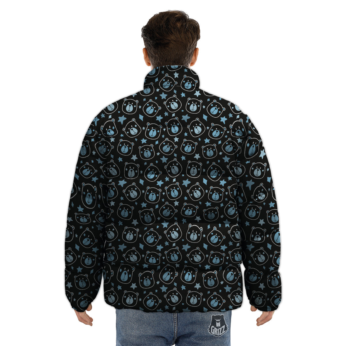 Cute Bear Black Print Pattern Puffer Jacket-grizzshop