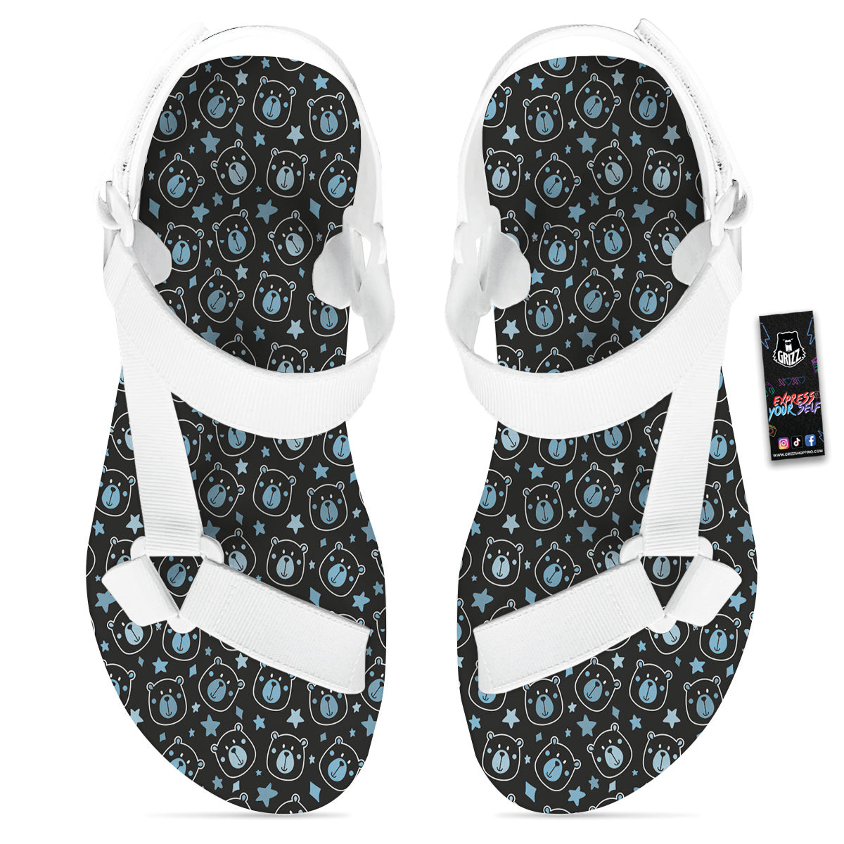 Cute Bear Black Print Pattern White Open Toe Sandals-grizzshop