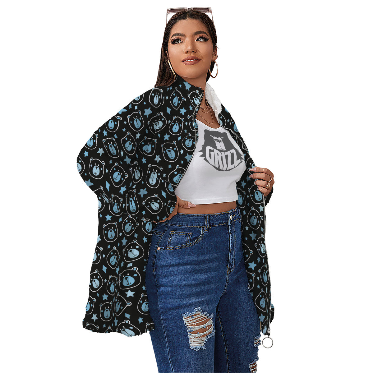 Cute Bear Black Print Pattern Women's Sherpa Jacket-grizzshop