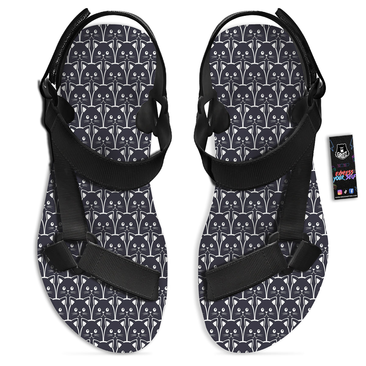 Cute Black Cat Print Pattern Black Open Toe Sandals-grizzshop