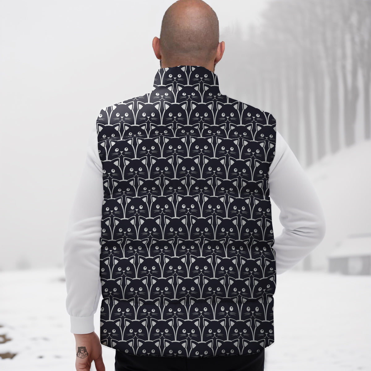 Cute Black Cat Print Pattern Down Vest-grizzshop