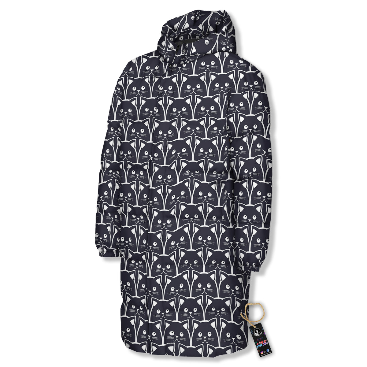 Cute Black Cat Print Pattern Long Down Jacket-grizzshop