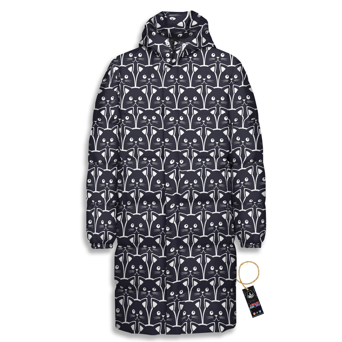 Cute Black Cat Print Pattern Long Down Jacket-grizzshop