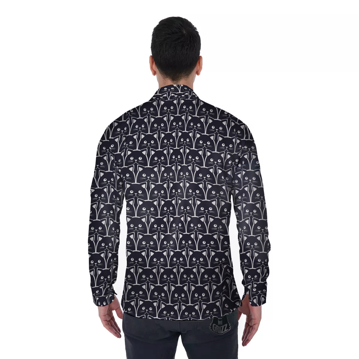 Cute Black Cat Print Pattern Men's Long Sleeve Shirts-grizzshop