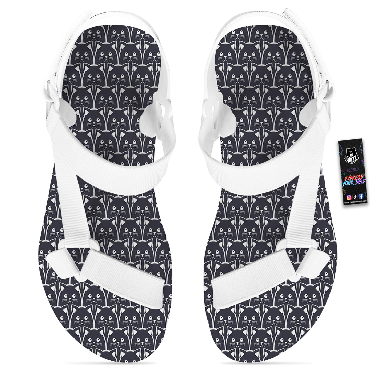 Cute Black Cat Print Pattern White Open Toe Sandals-grizzshop