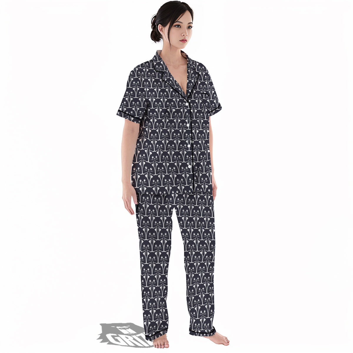 Cute Black Cat Print Pattern Women's Pajamas Set-grizzshop