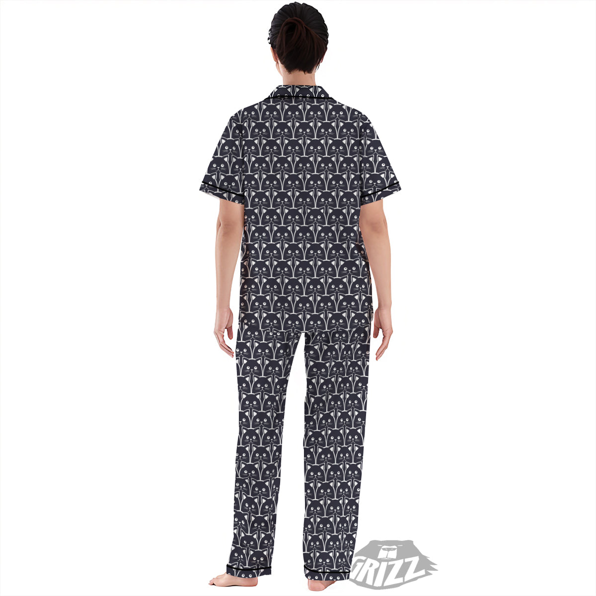 Cute Black Cat Print Pattern Women's Pajamas Set-grizzshop