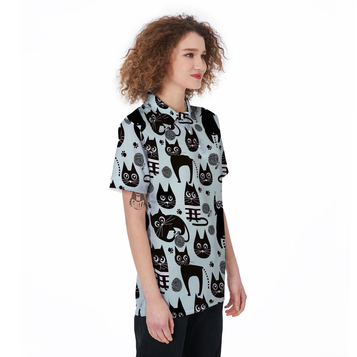 Cute Black Cat Print Women's Golf Shirts-grizzshop
