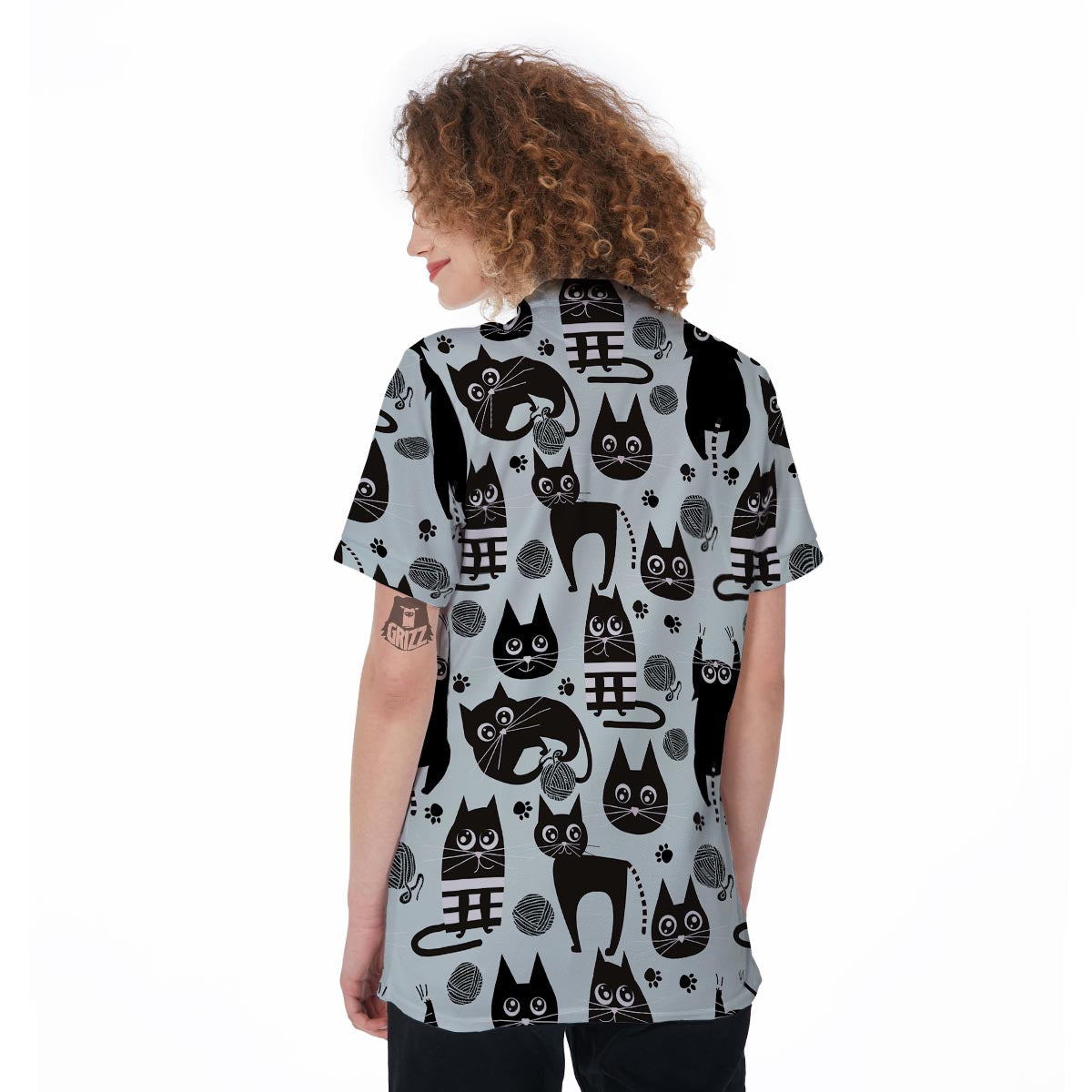 Cute Black Cat Print Women's Golf Shirts-grizzshop