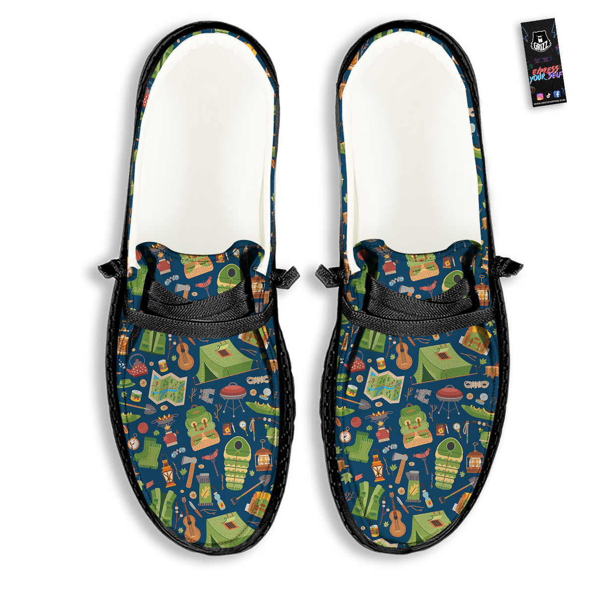 Cute Camping Equipment Print Pattern Black Loafers-grizzshop