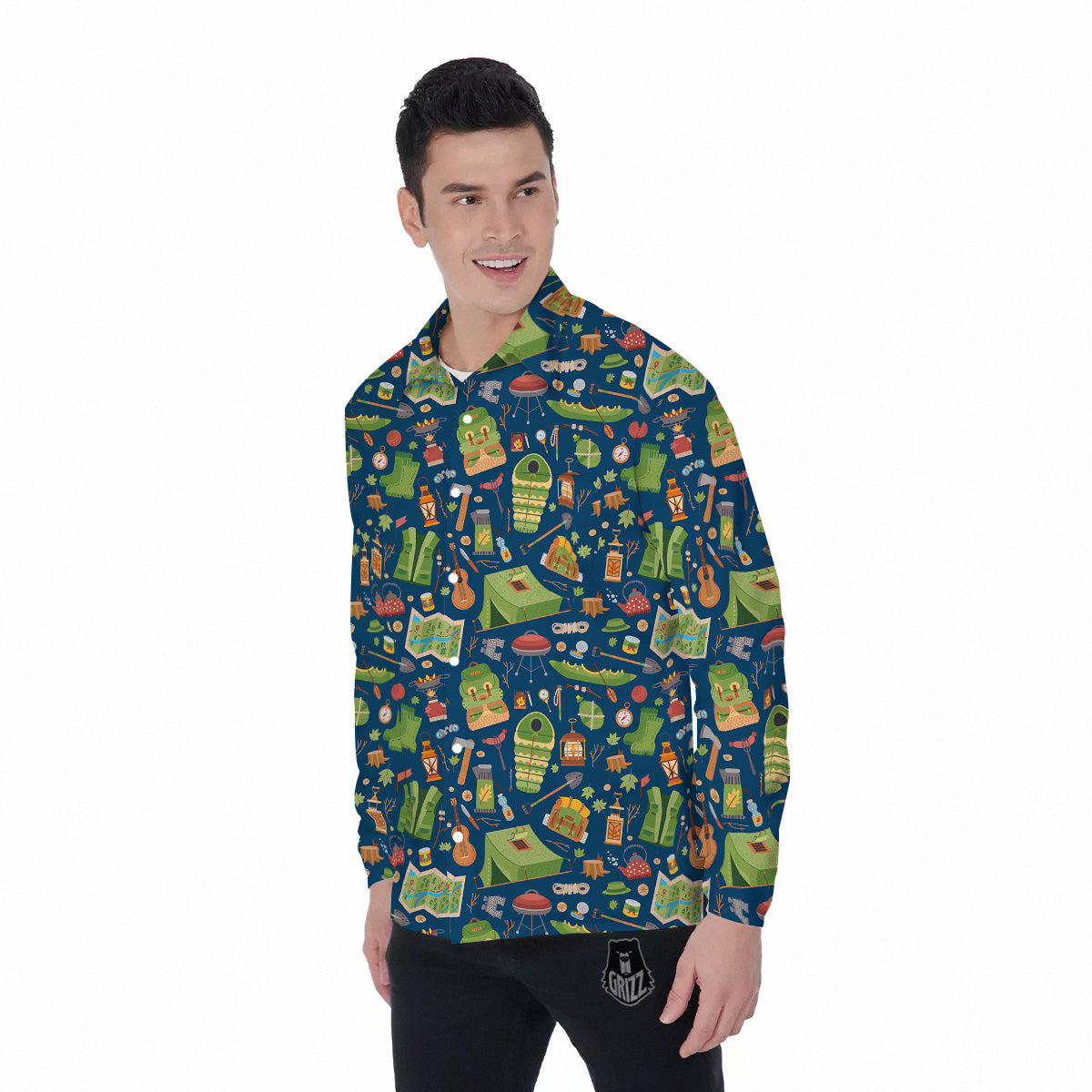 Cute Camping Equipment Print Pattern Men's Long Sleeve Shirts-grizzshop