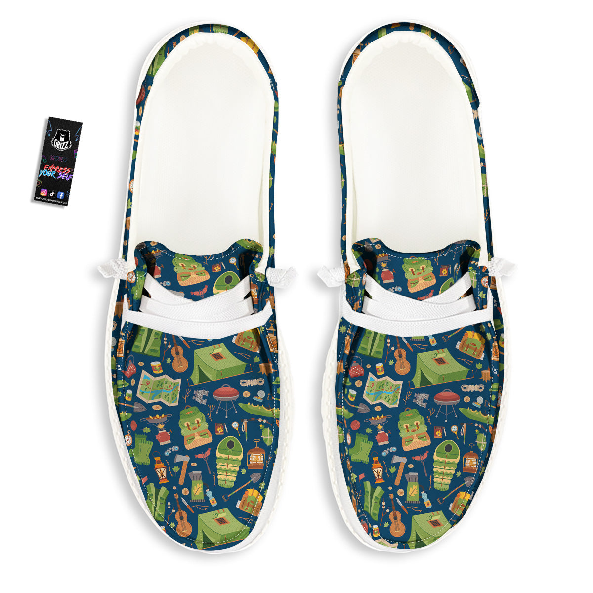 Cute Camping Equipment Print Pattern White Loafers-grizzshop