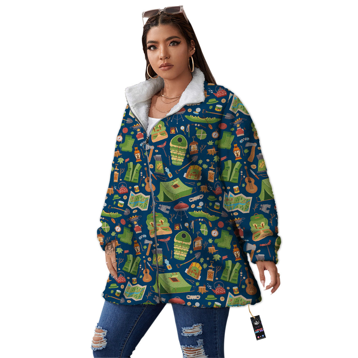 Cute Camping Equipment Print Pattern Women's Sherpa Jacket-grizzshop