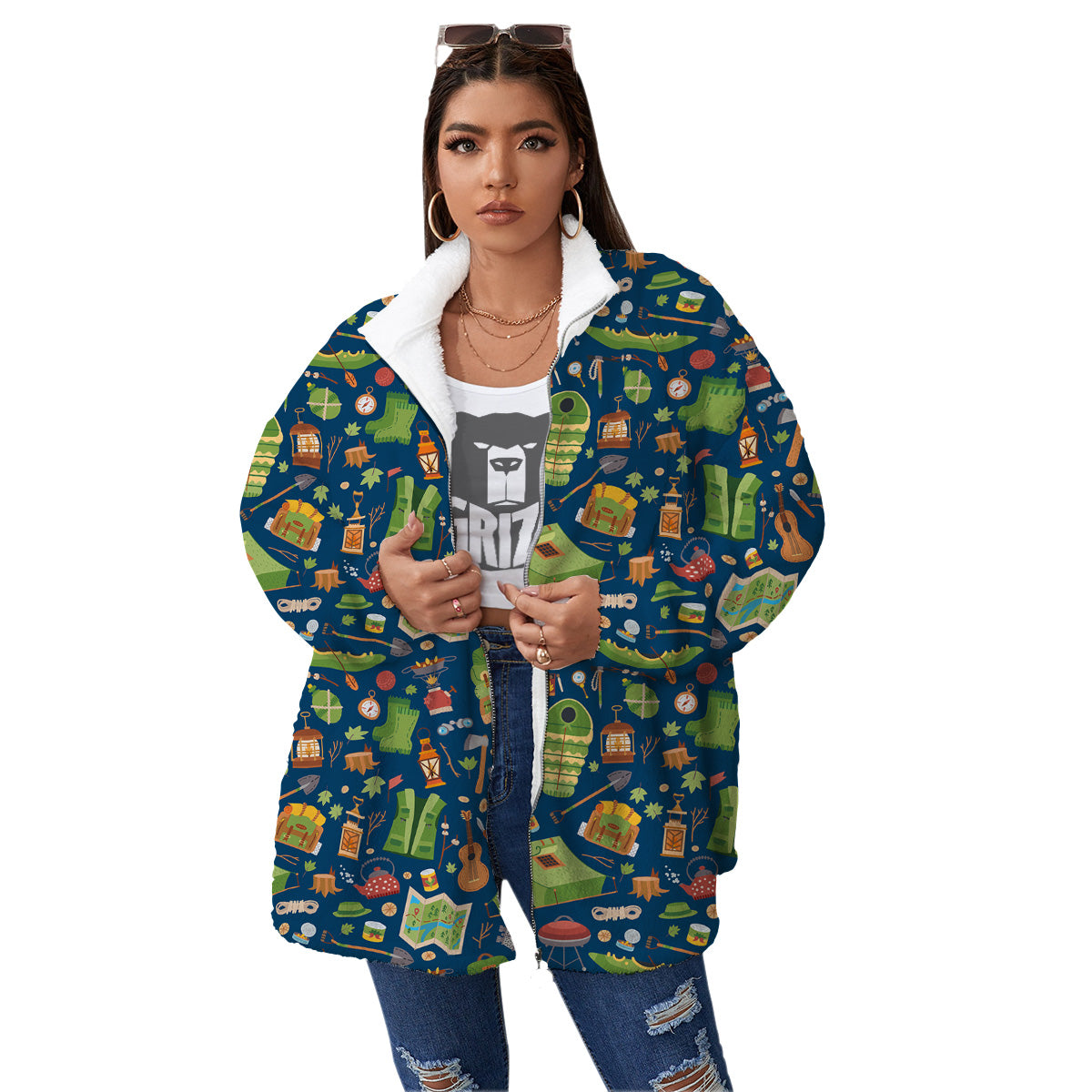 Cute Camping Equipment Print Pattern Women's Sherpa Jacket-grizzshop