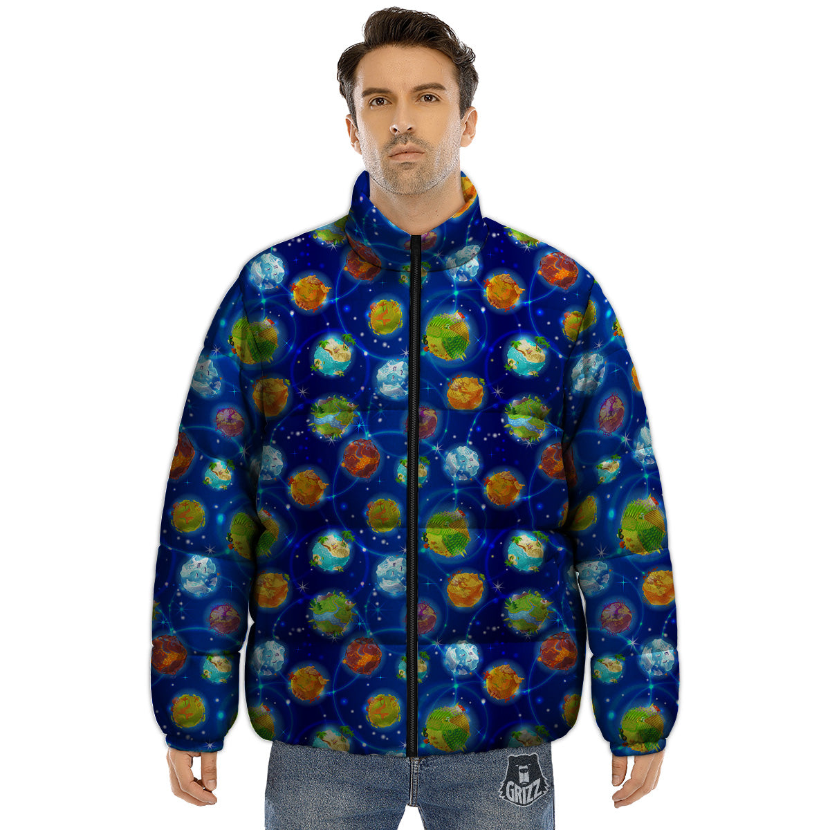 Cute Cartoon Planets Print Pattern Puffer Jacket-grizzshop