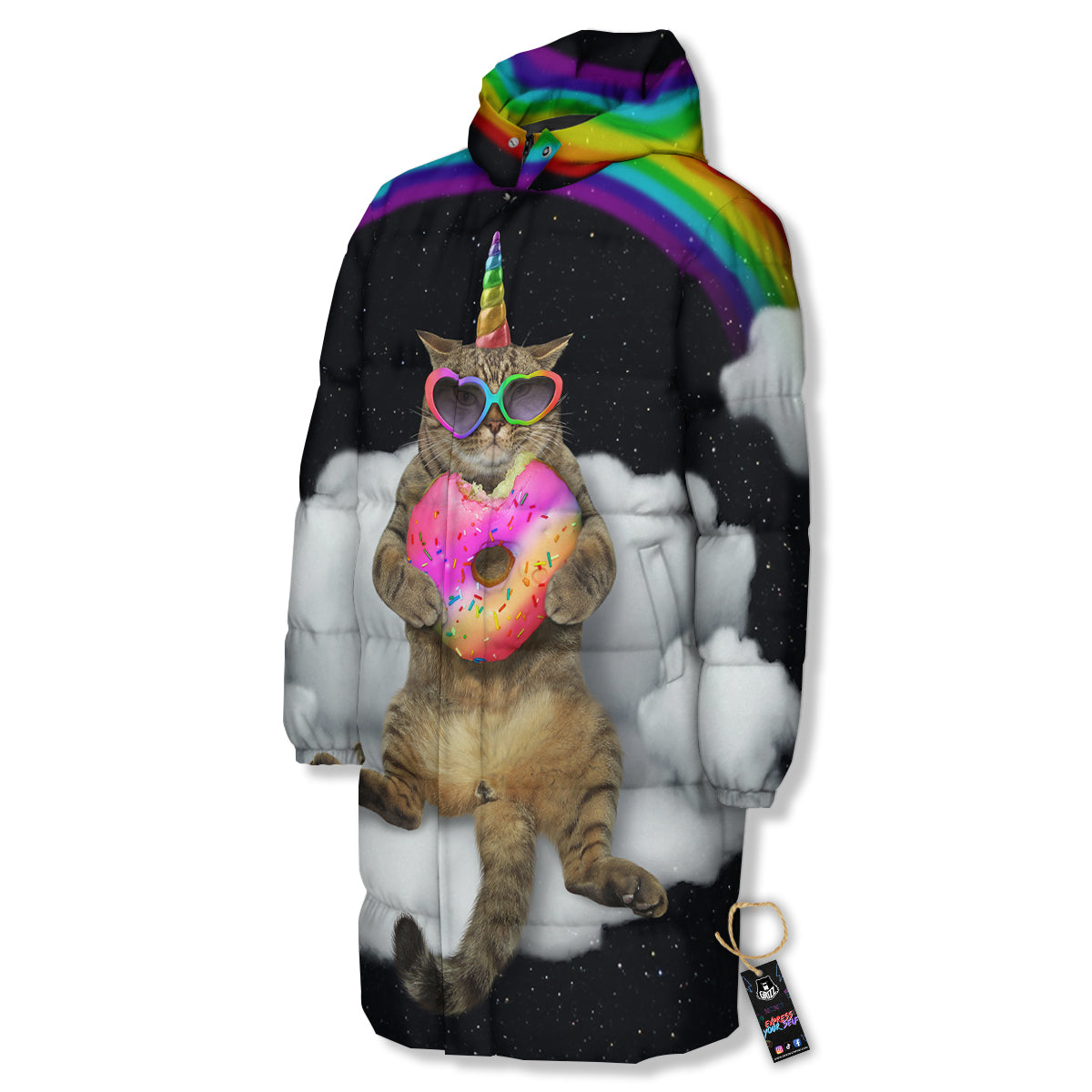 Cute Cat Unicorn Print Long Down Jacket-grizzshop