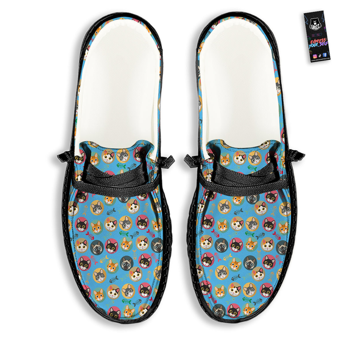 Cute Cats And Fishbone Colorful Print Pattern Black Loafers-grizzshop