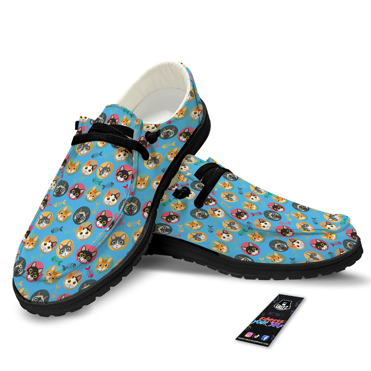 Cute Cats And Fishbone Colorful Print Pattern Black Loafers-grizzshop