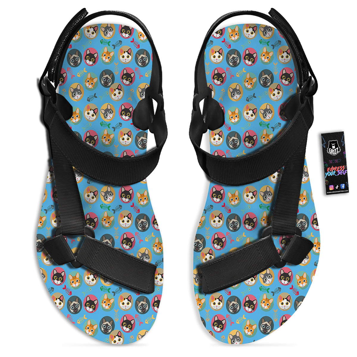 Cute Cats And Fishbone Colorful Print Pattern Black Open Toe Sandals-grizzshop