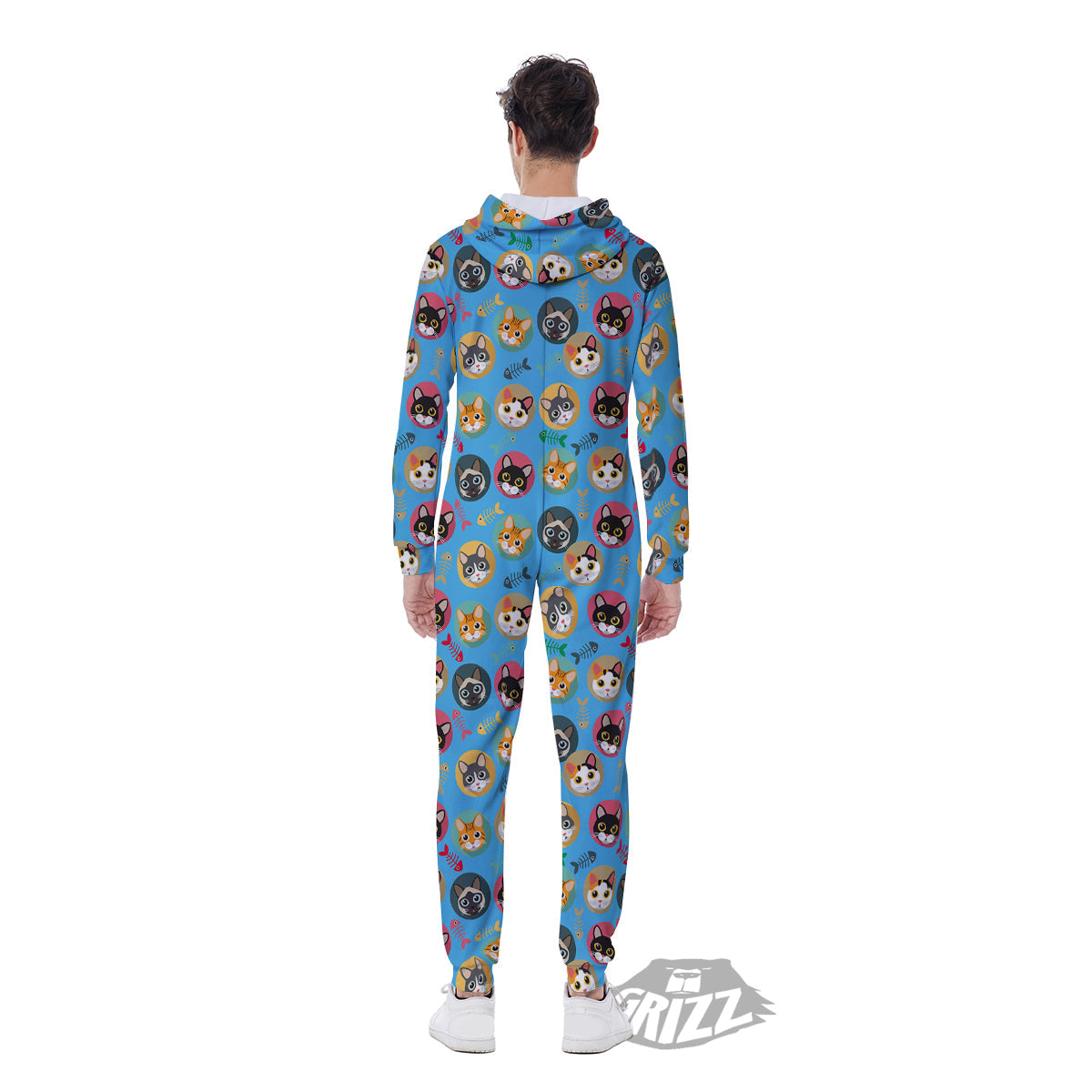 Cute Cats And Fishbone Colorful Print Pattern Men's Jumpsuit-grizzshop