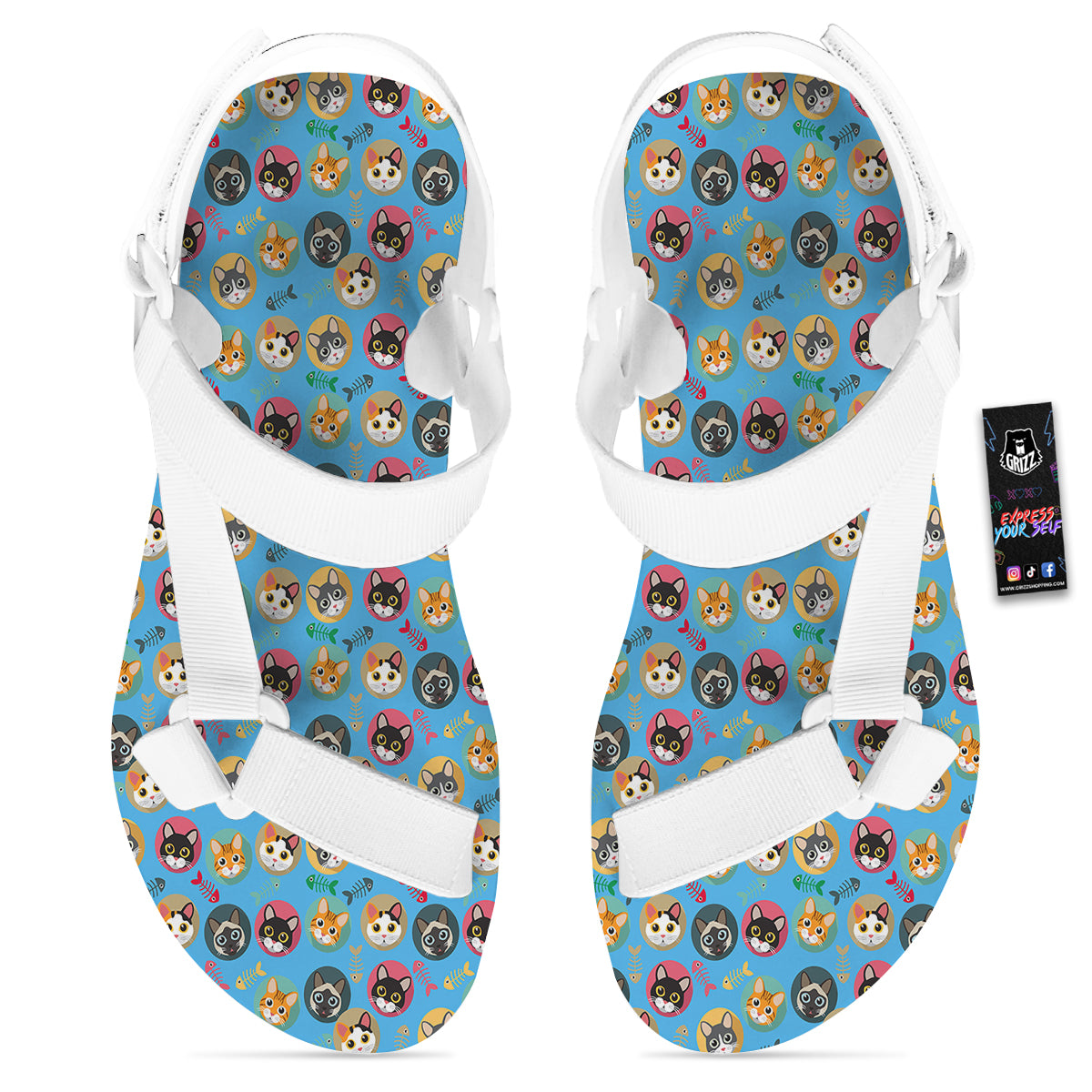 Cute Cats And Fishbone Colorful Print Pattern White Open Toe Sandals-grizzshop