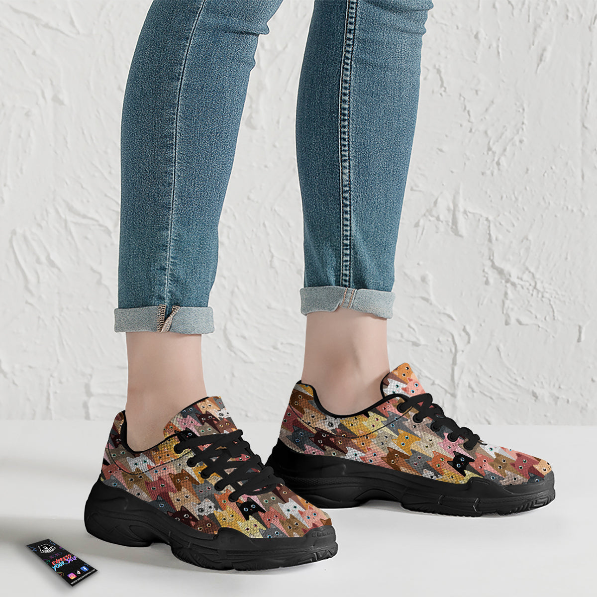 Cute Cats Cartoon Colorful Print Pattern Black Chunky Shoes-grizzshop