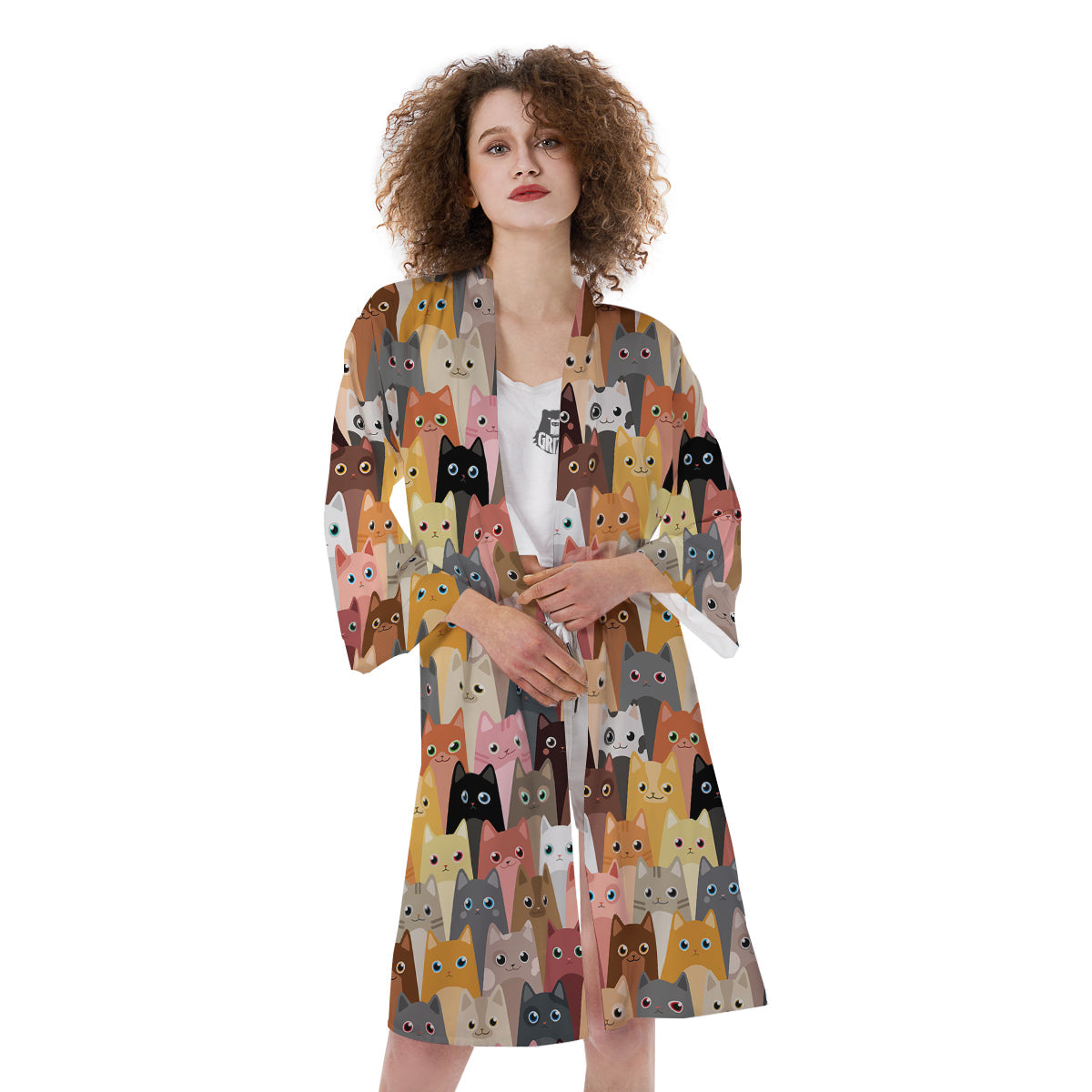 Cute Cats Cartoon Colorful Print Pattern Kimono-grizzshop