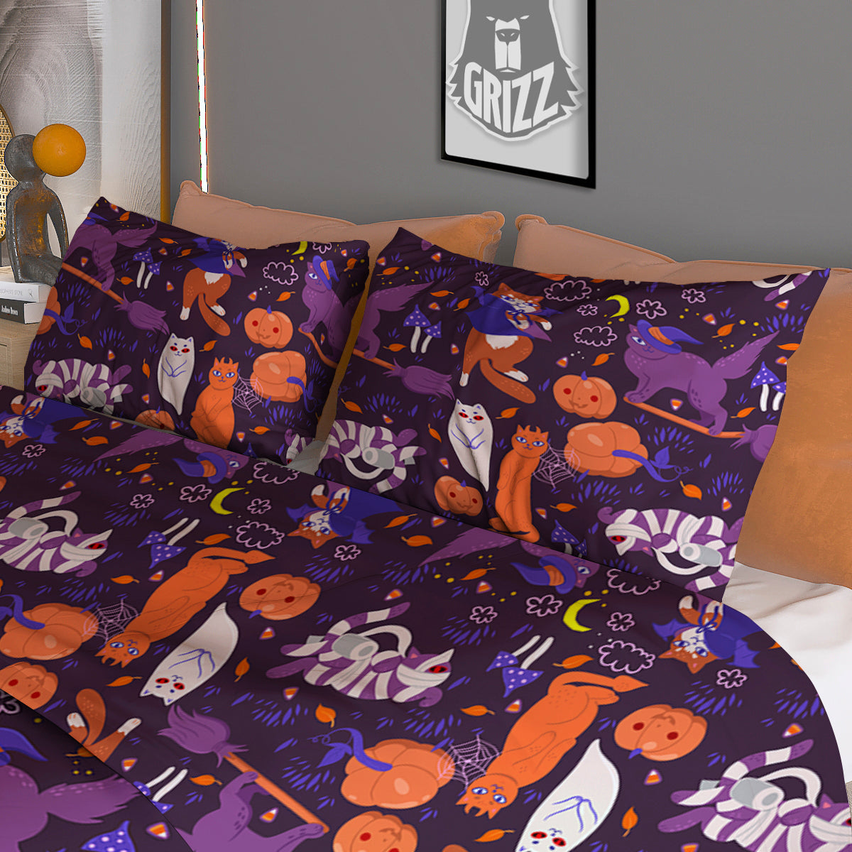 Cute Cats Halloween Print Pattern Duvet Cover Bedding Set
