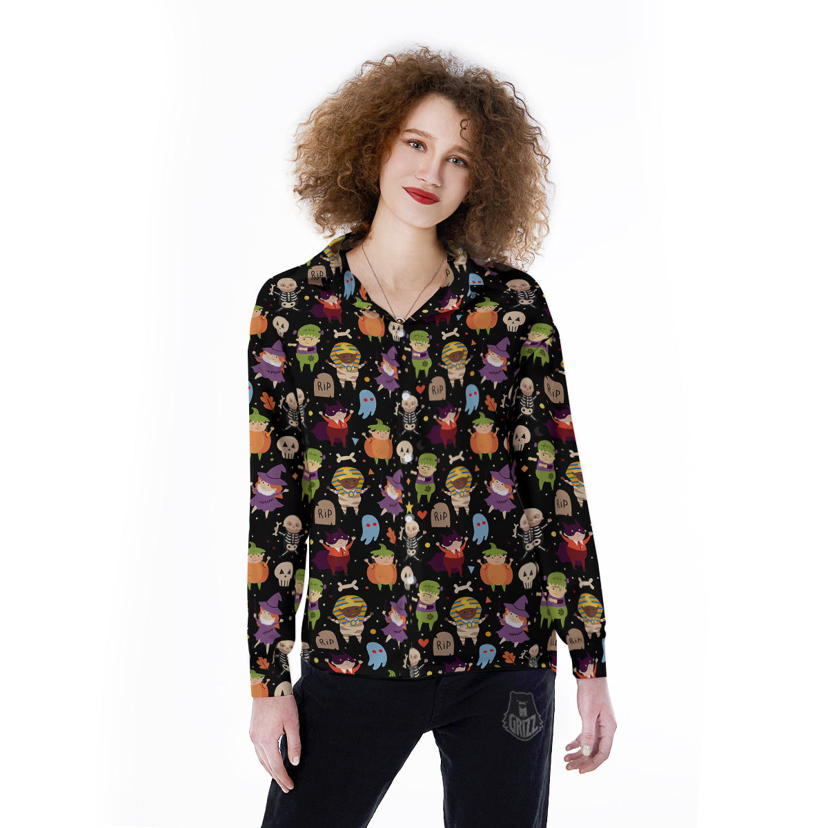 Cute Children Halloween Print Pattern Women's Long Sleeve Shirts-grizzshop